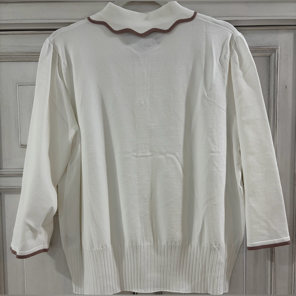 Alzza Women's White Cardigan Sweater with Brown Trim - Picture 4 of 8